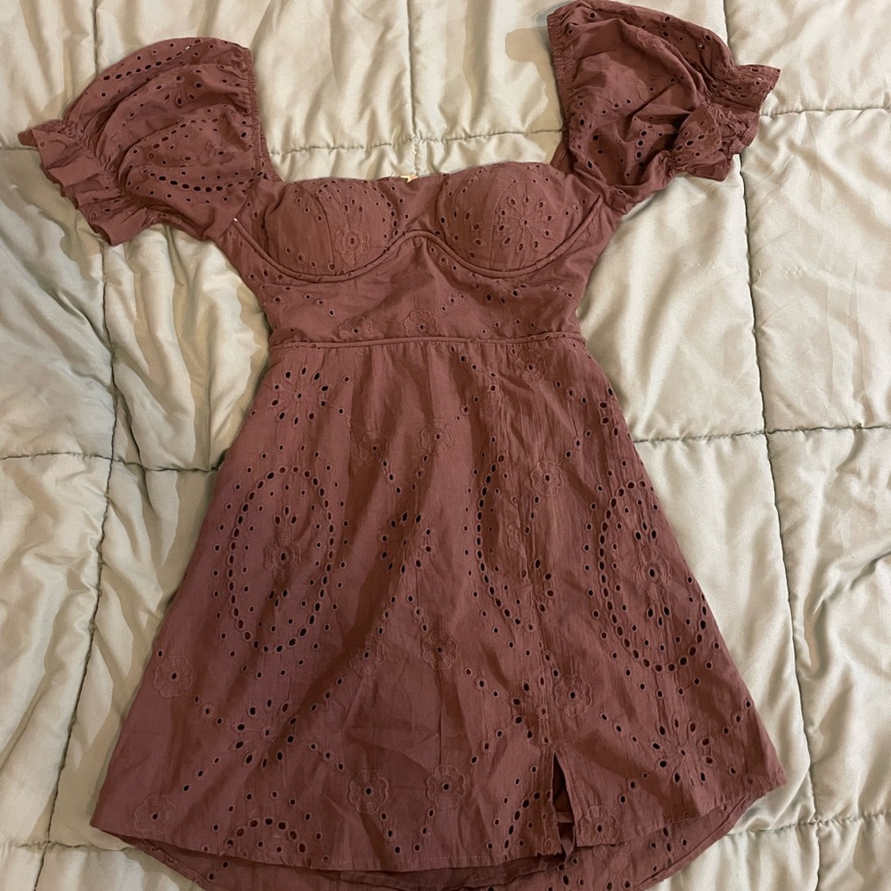 Brown Eyelet Puff Sleeve Dress